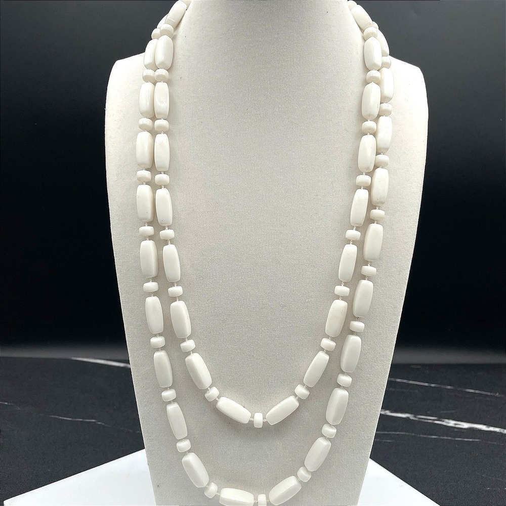 Vintage 90s White Beaded Double Strand Necklace Boho Women's Classic Jewelry